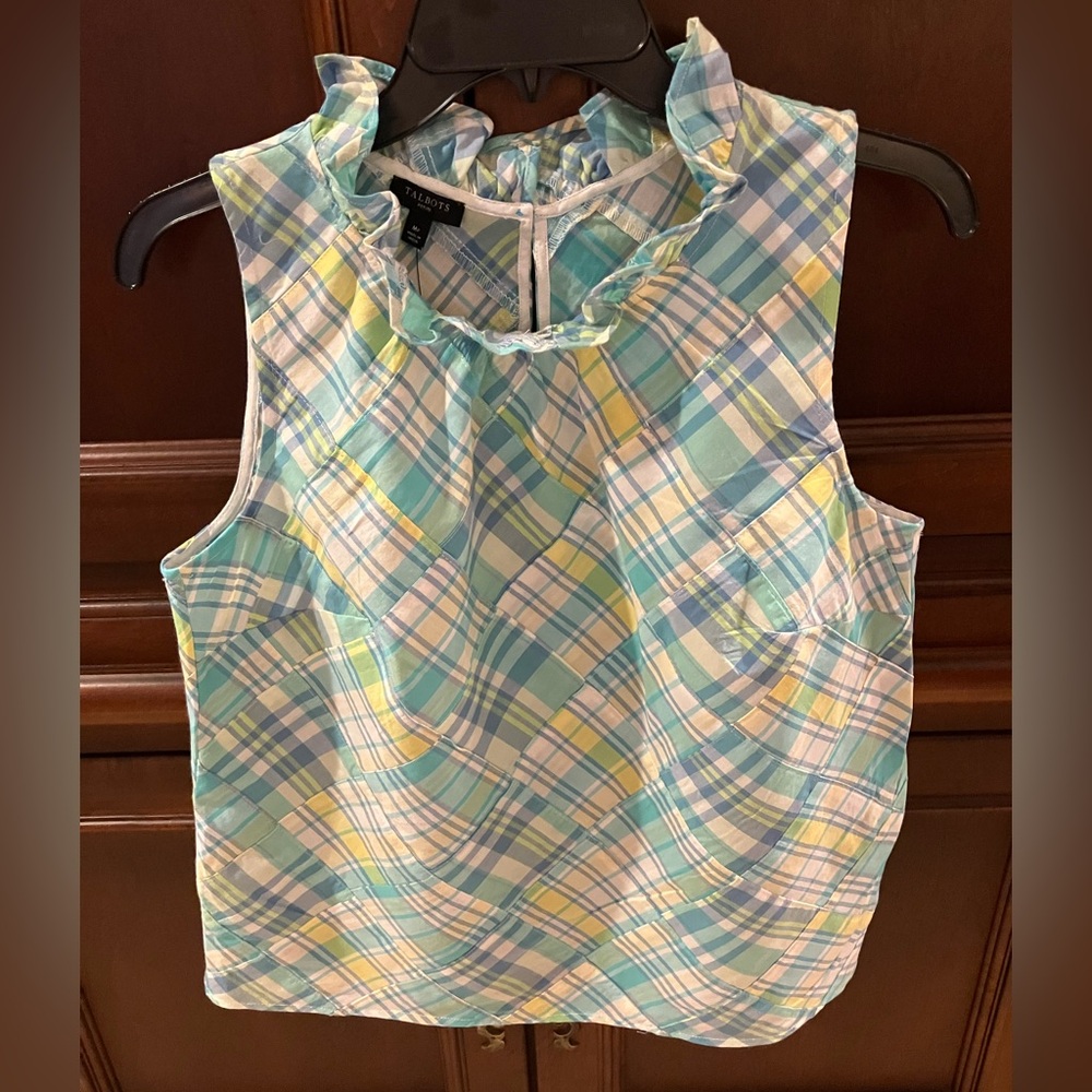 Talbots Blue and Aqua Patchwork Madrid Plaid Ruffled Neck Sleeveless Blouse